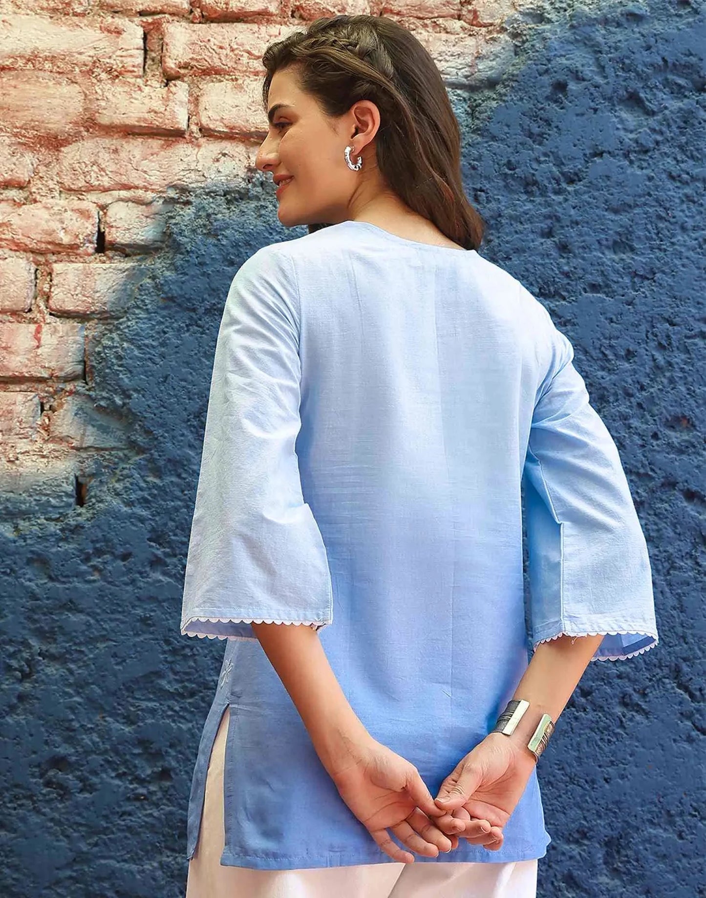 Cotton Chikankari Straight Sweetheart Neck Short Kurti