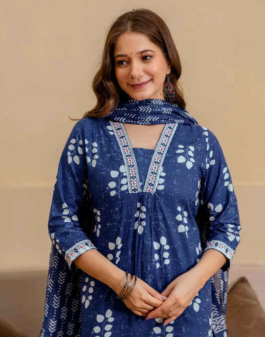 Dark Blue Cotton Printed Straight Kurta with Pant & Dupatta for Women