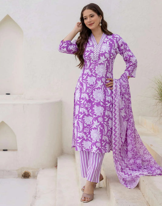 Cotton Printed Straight Kurta with Pant & Dupatta
