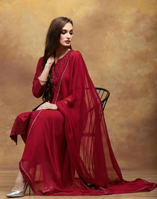 Maroon Rayon Straight Kurta Set with Sequence Embroidery under 1000