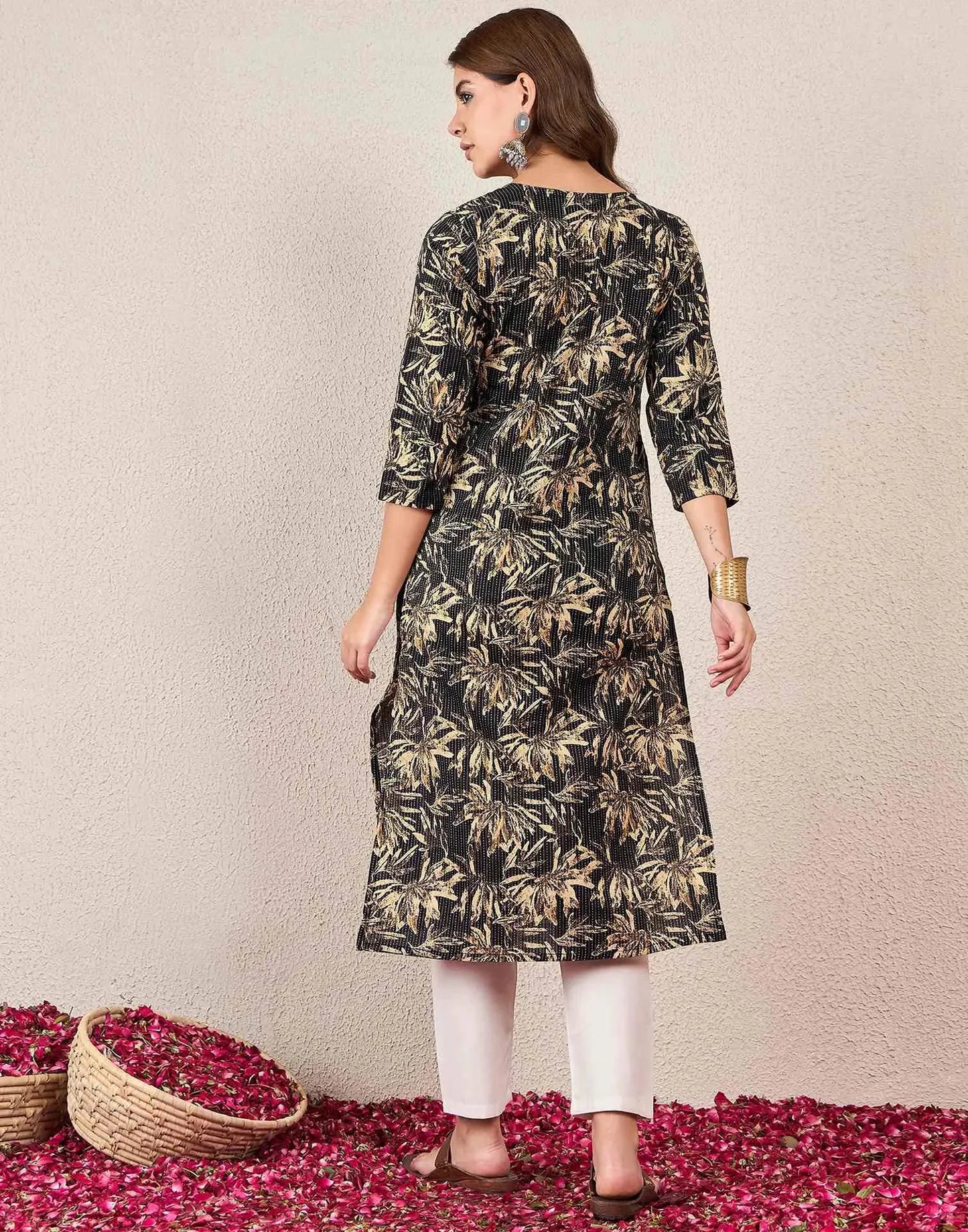Cotton Embroidered Straight V-Neck Kurti