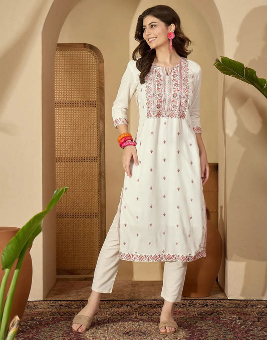 Cotton Embroidered Round Neck Straight Kurti