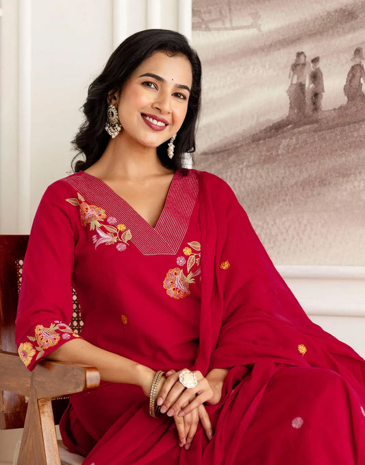 Red Cotton Embroidered Straight Kurta Set with Pant & Dupatta Affordable V-Neck Ethnic Kurti for Office