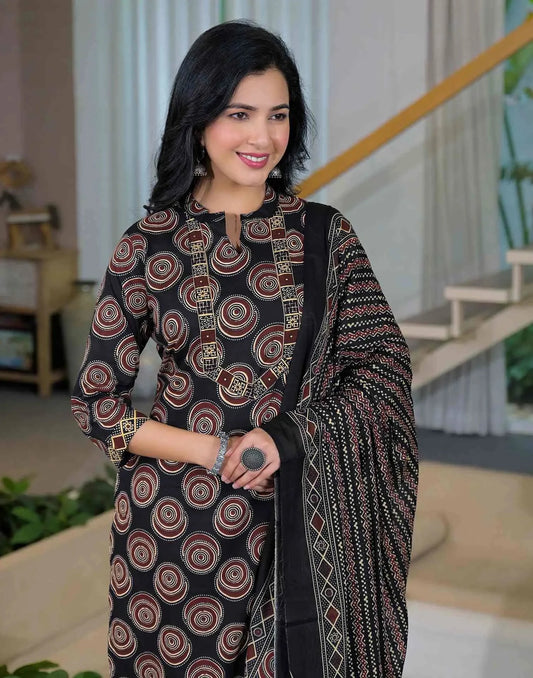 Cotton Printed Straight Mandarin Collar Kurta with Pant & Dupatta