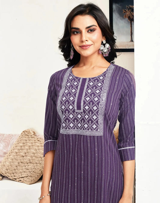 Cotton Embroidered Straight Round Neck Kurtis