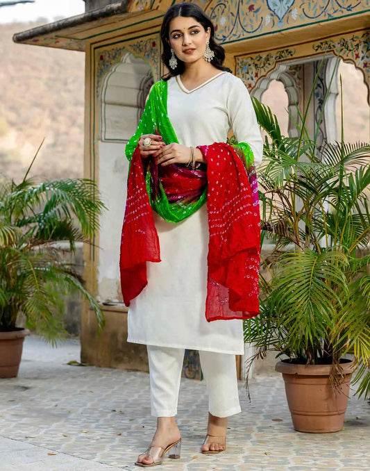 Cotton Blend Gota Lace Straight Kurta with Pant & Dupatta