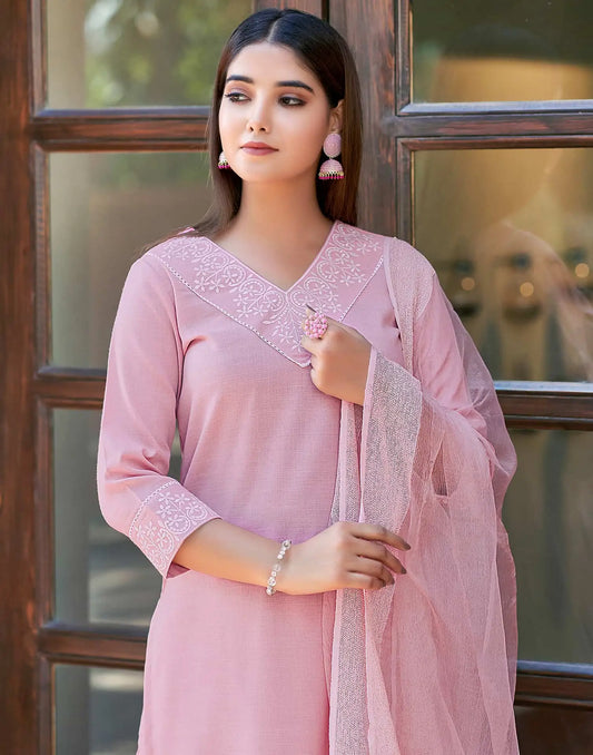 Cotton Blend Embroidery and Lace Straight Kurta with Pant & Dupatta