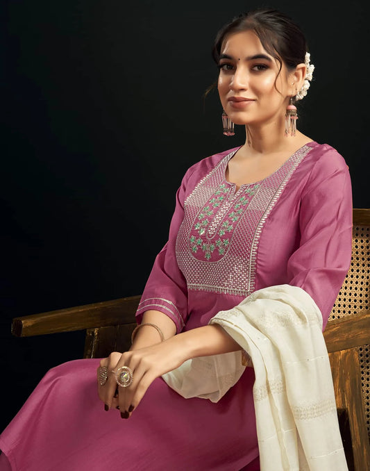 Silk Blend Embroidered Straight Kurta with Pant & Dupatta