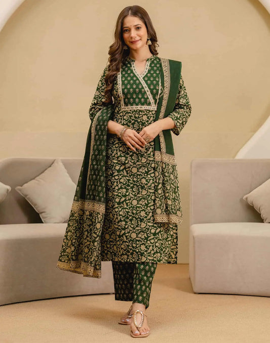 Skylee Green Cotton Printed Straight Kurta Set for Women