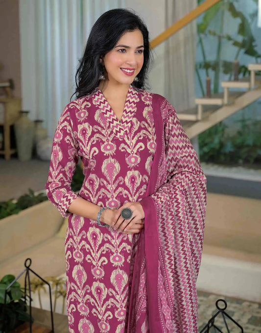 Cotton Printed Straight V-Neck Kurta with Pant & Dupatta