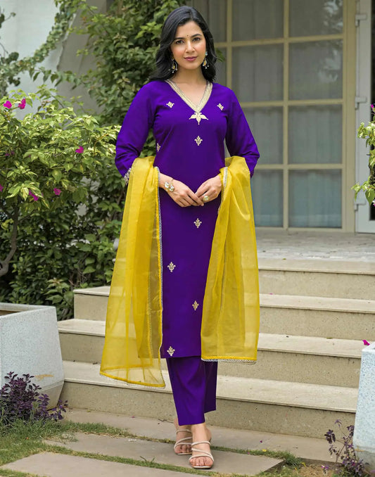 Affordable Purple Silk Embroidered Straight Kurta Set V-Neck Silk Kurti with Pant & Dupatta