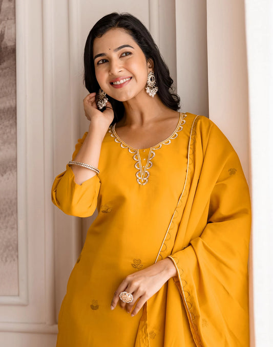 Silk Blend Embroidered Straight Kurta with Pant & Dupatta