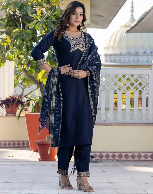 Cotton Blend Weaving and Lace Straight Kurta with Pant & Dupatta