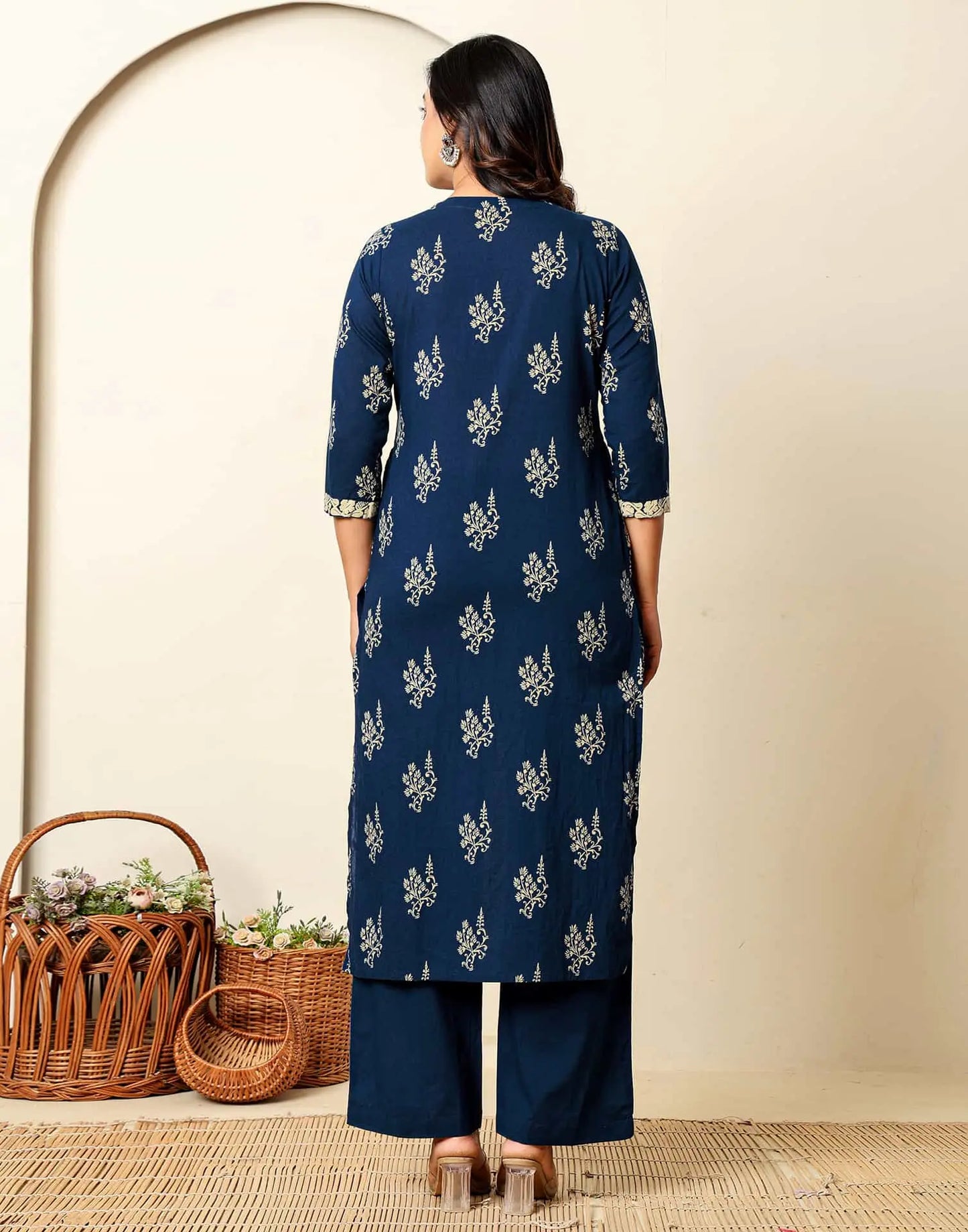 Cotton Straight Printed V-Neck Kurta with Pant & Dupatta