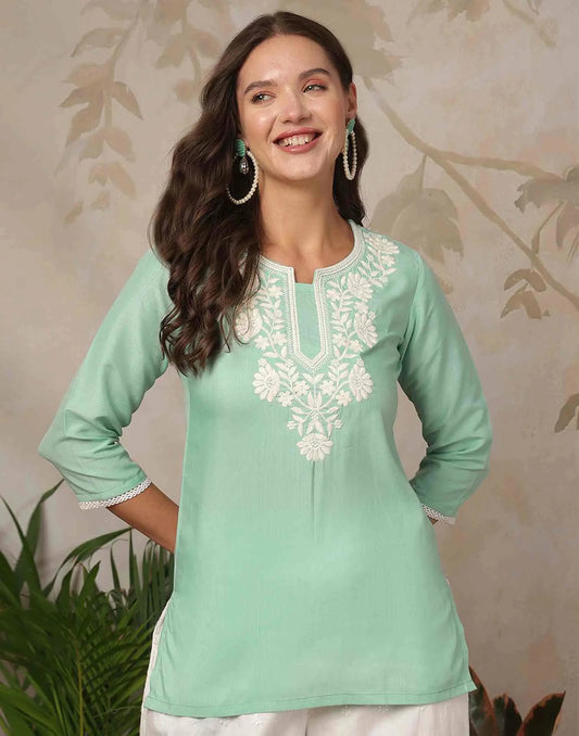 Cotton Blend Chikankari Straight Round Neck Short Kurti