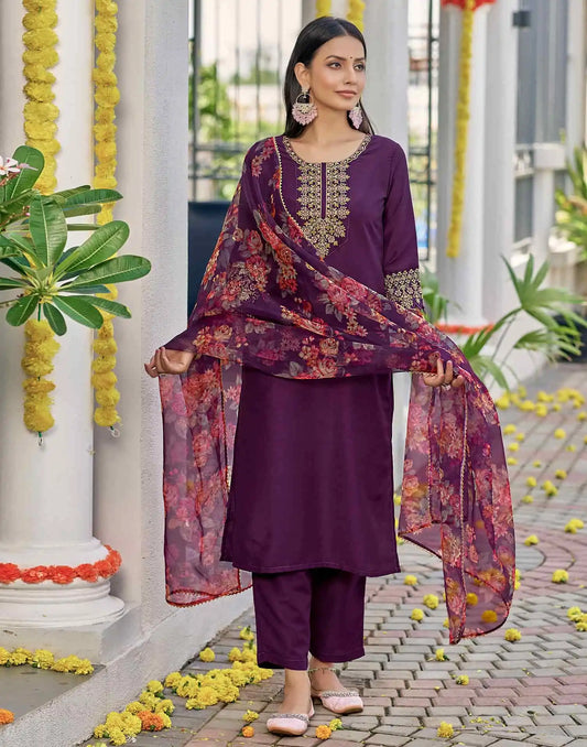 Silk Blend Embroidery, Sequence Work and lace Straight Kurta with Pant & Dupatta