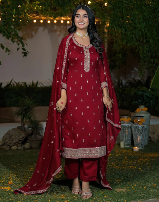 Silk Straight Embroidery Round Neck Kurta with Pant & Dupatta