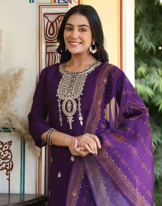 Silk Embroidery and Sequins Work Straight Kurta with Pant & Dupatta