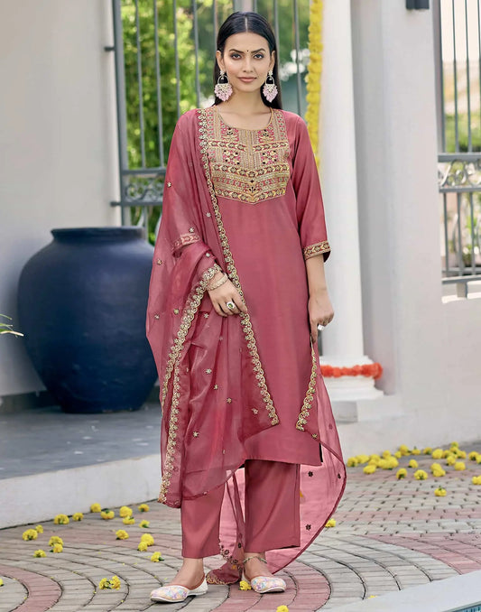 Silk Blend Sequence and Embroidery Work Straight Kurta with Pant & Dupatta