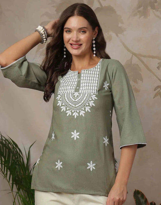 Cotton Blend Chikankari Straight Round Neck Short Kurti