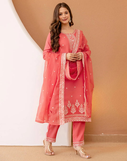 Silk Blend Embroidered Straight Kurta with Pant & Dupatta