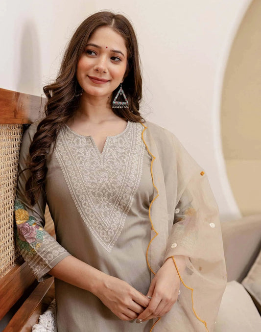 Rayon Embroidered Straight Kurta with Pant & Dupatta