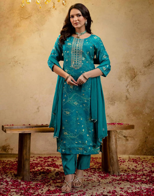 Affordable Blue Cotton Printed Straight Kurta Set with Pant & Dupatta under 999