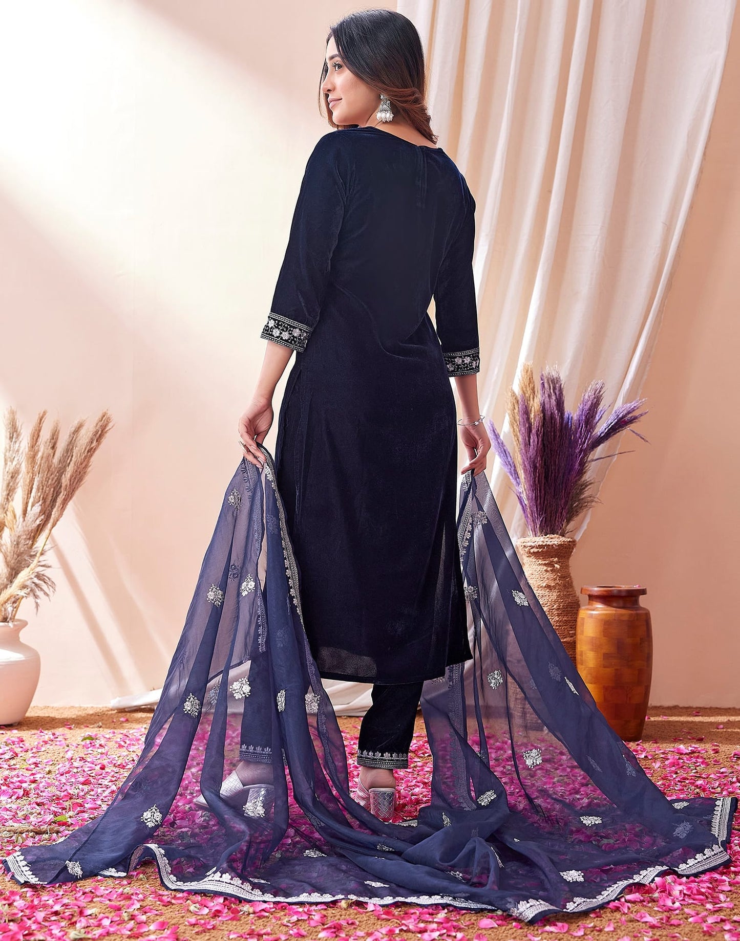 Velvet Embroidery Straight Kurta with Pant & Dupatta