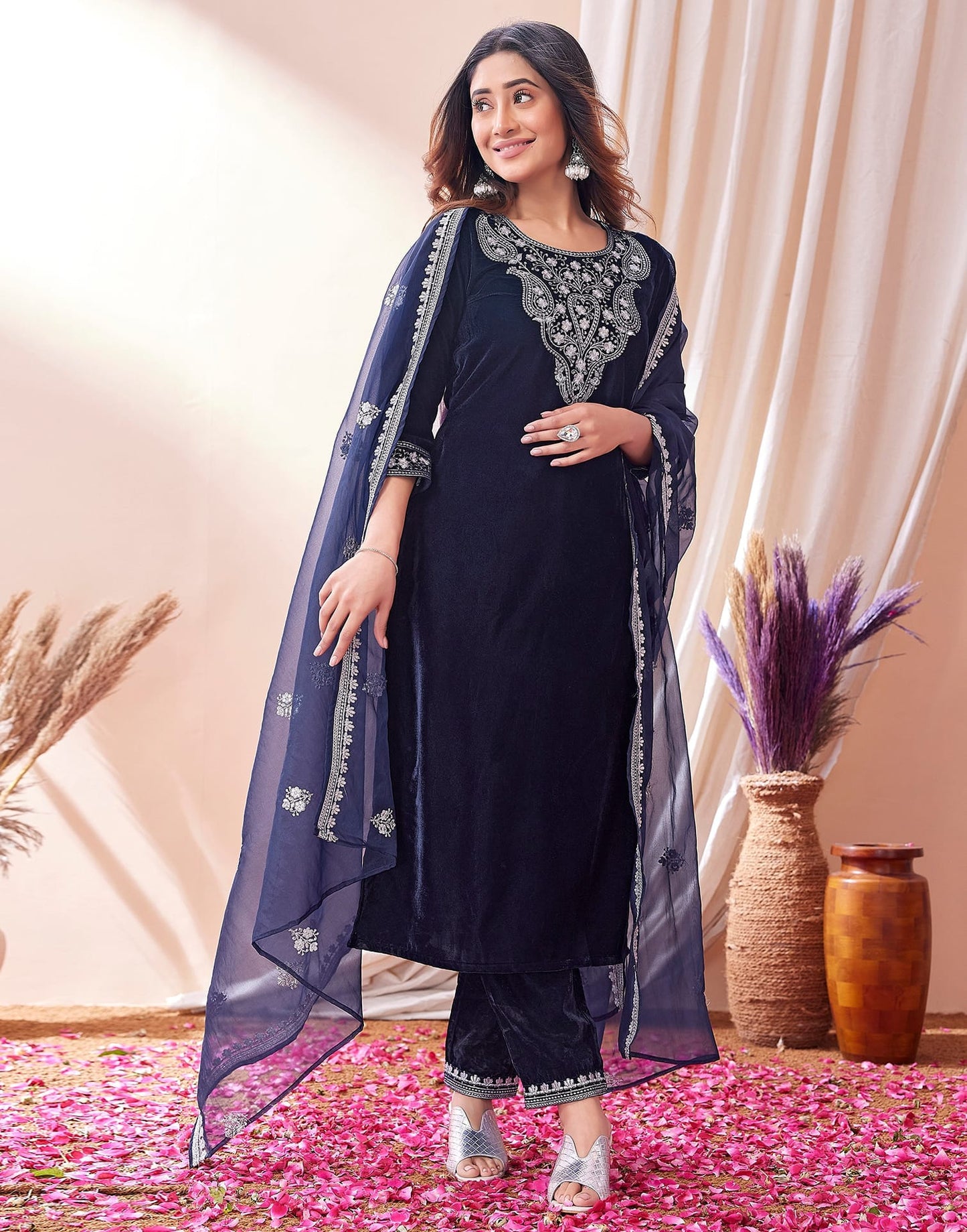 Velvet Embroidery Straight Kurta with Pant & Dupatta
