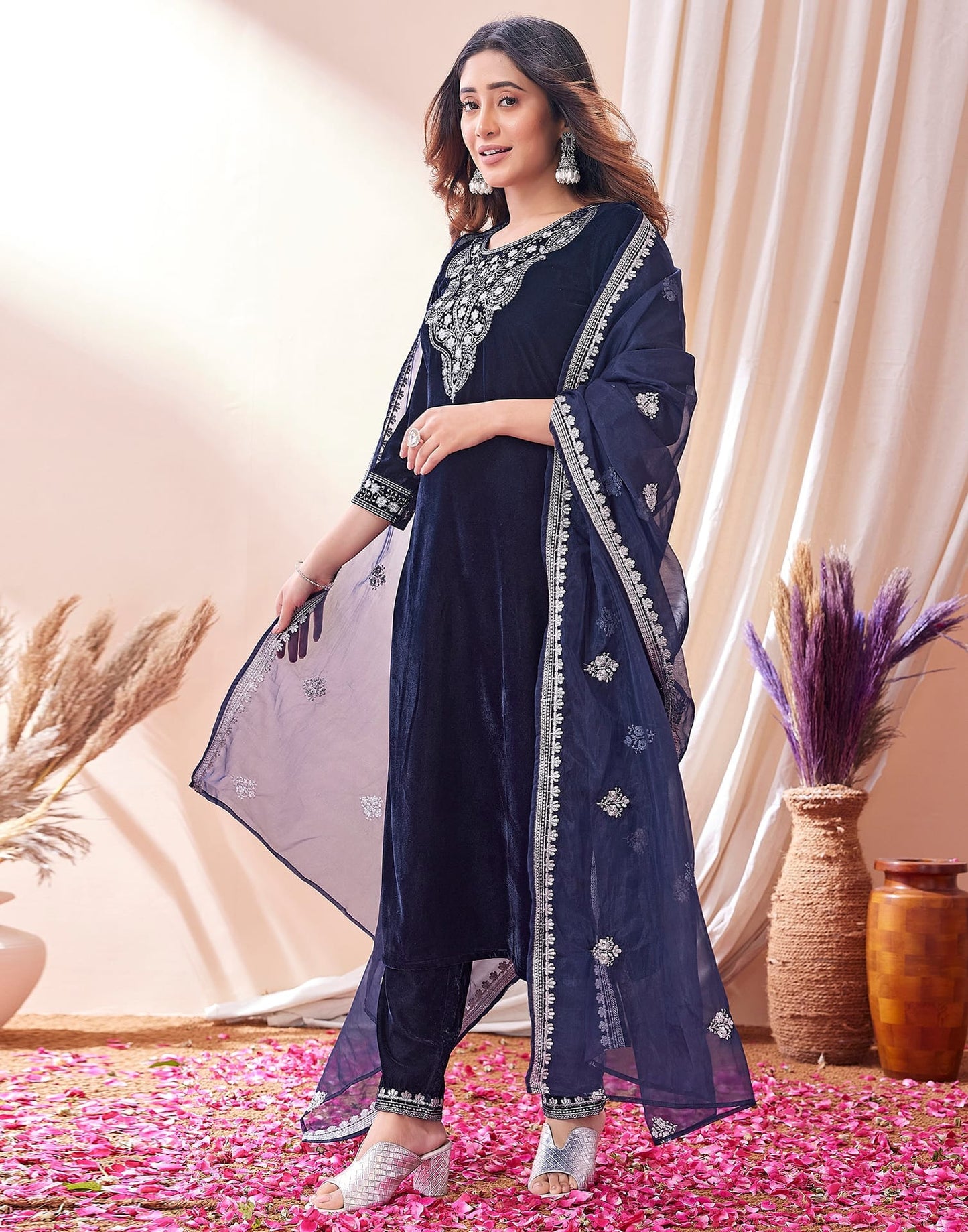 Velvet Embroidery Straight Kurta with Pant & Dupatta