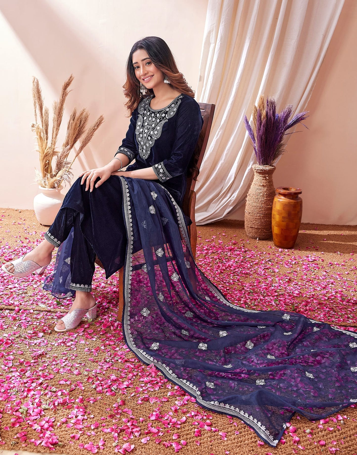 Velvet Embroidery Straight Kurta with Pant & Dupatta