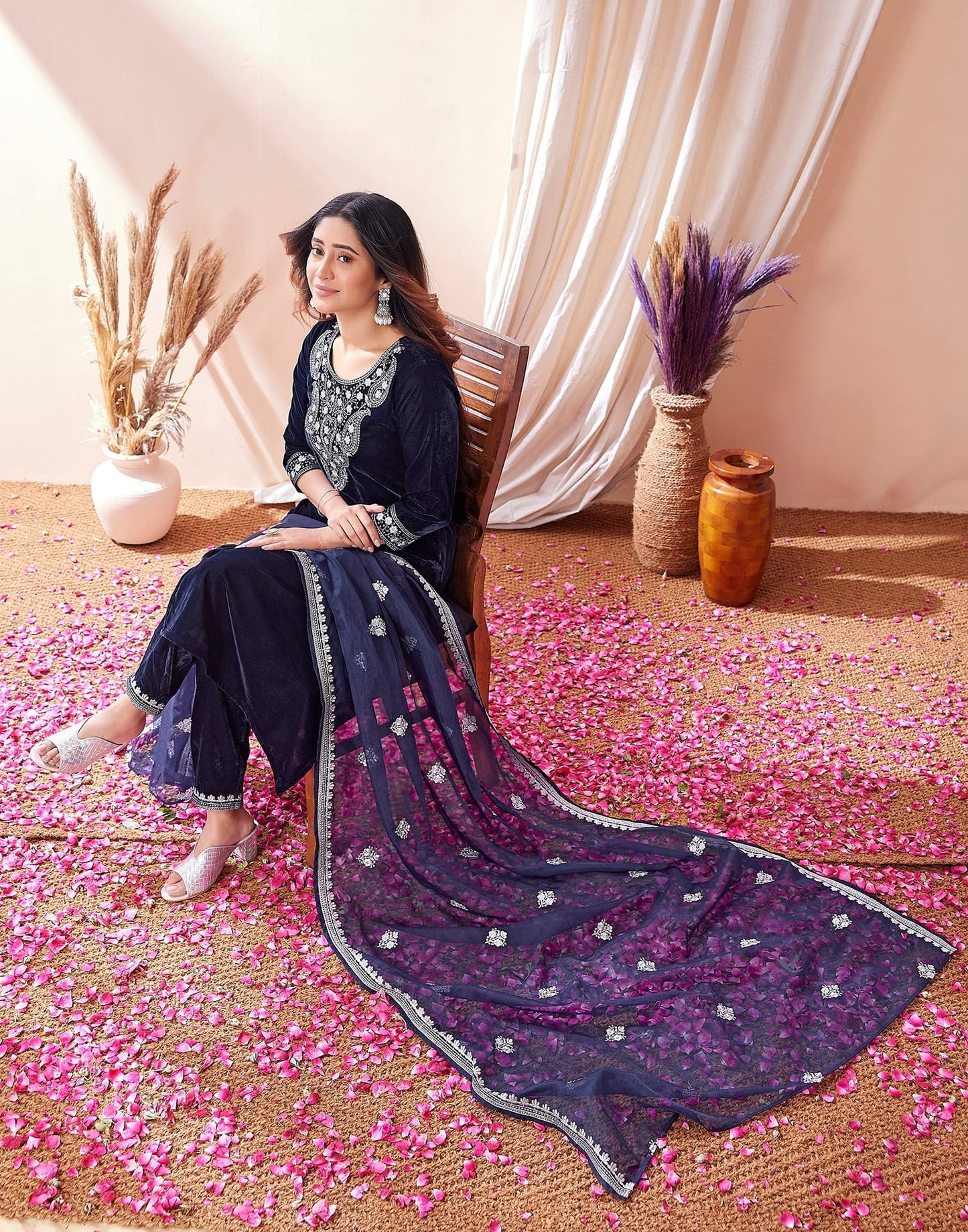 Velvet Embroidery Straight Kurta with Pant & Dupatta