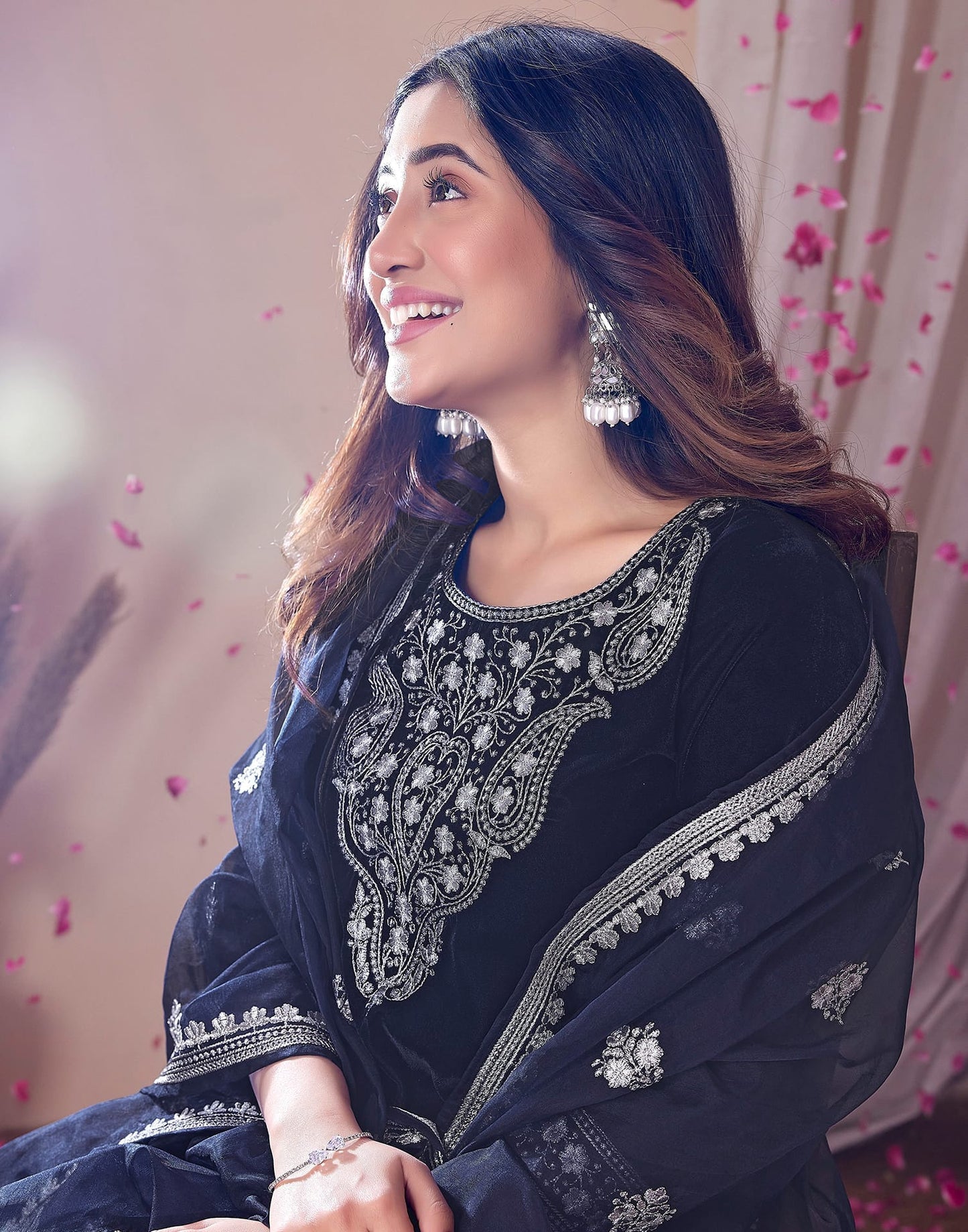Velvet Embroidery Straight Kurta with Pant & Dupatta