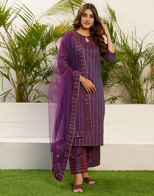 Silk Blend Foil Print and Lace Straight Kurta with Pant & Dupatta