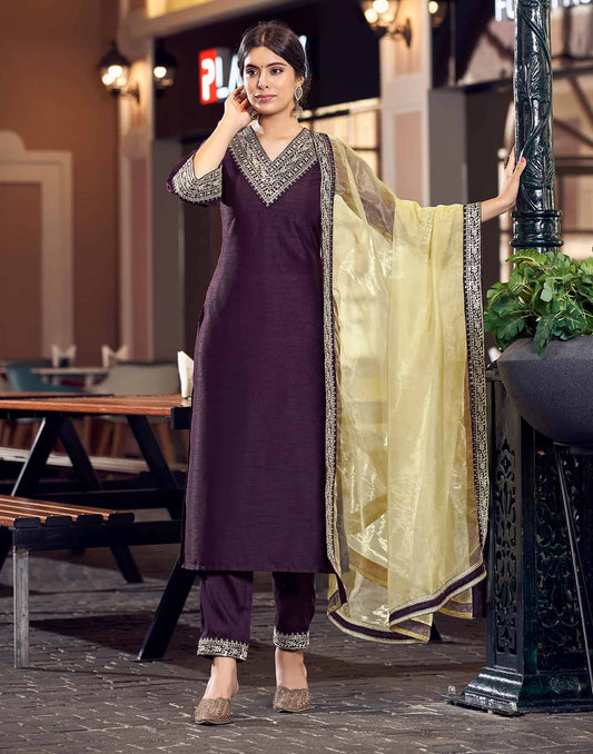 Silk Blend Sequins Embroidery Lace Straight Kurta with Pant & Dupatta