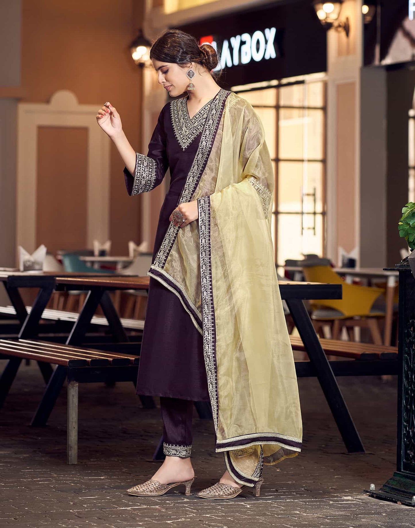 Silk Blend Sequins Embroidery Lace Straight Kurta with Pant & Dupatta