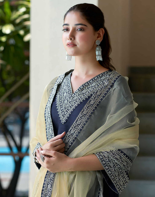 Silk Blend Sequins Embroidery Lace Straight Kurta with Pant & Dupatta