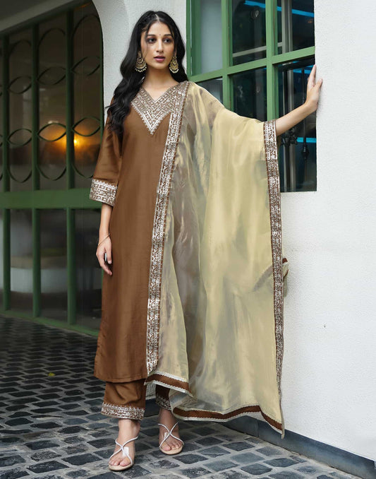 Silk Blend Sequins Embroidery Lace Straight Kurta with Pant & Dupatta