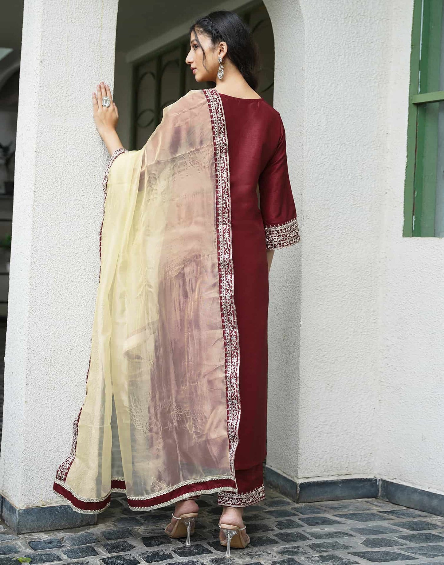 Silk Blend Sequins Embroidery Lace Straight Kurta with Pant & Dupatta