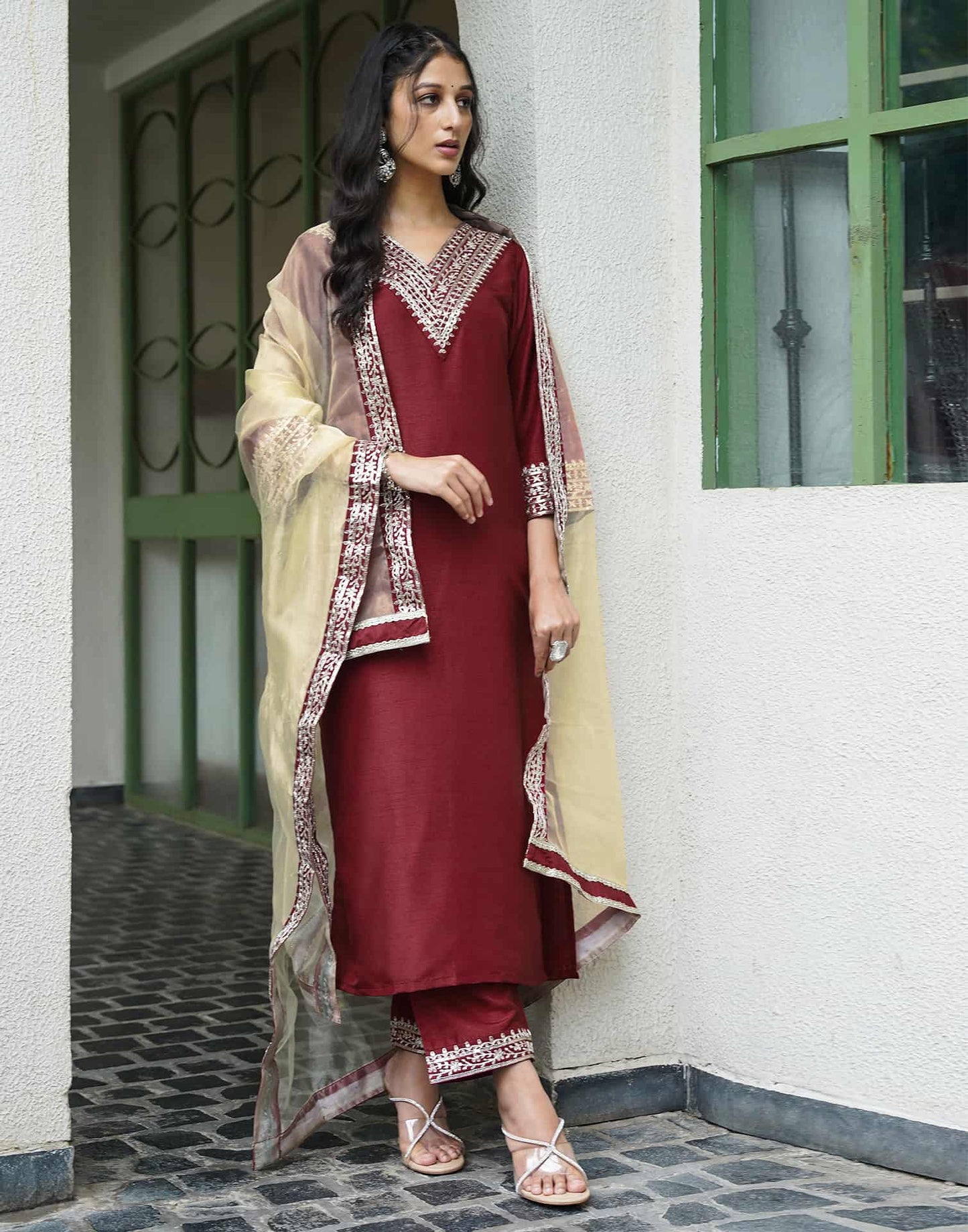 Silk Blend Sequins Embroidery Lace Straight Kurta with Pant & Dupatta
