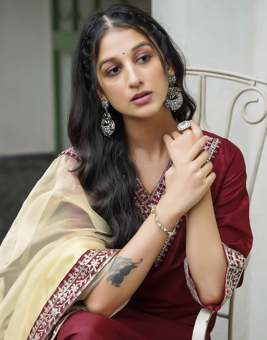 Silk Blend Sequins Embroidery Lace Straight Kurta with Pant & Dupatta