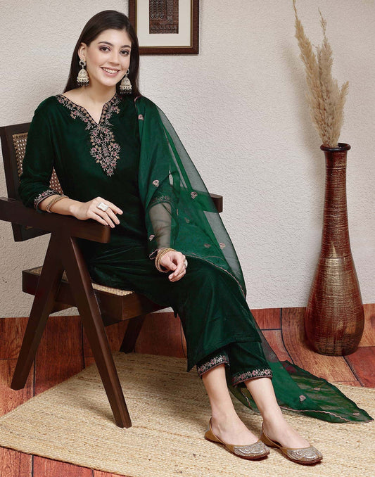 Affordable Dark Green Velvet Kurta Set with dupatta