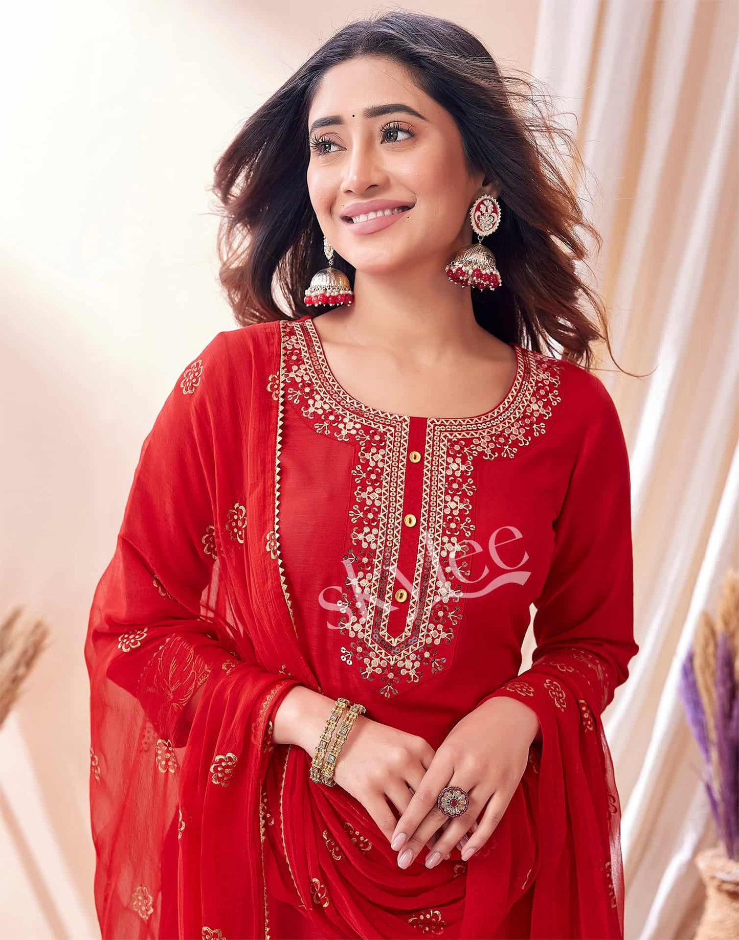 Cotton Blend Embroidered Straight Kurta with Pant & Dupatta