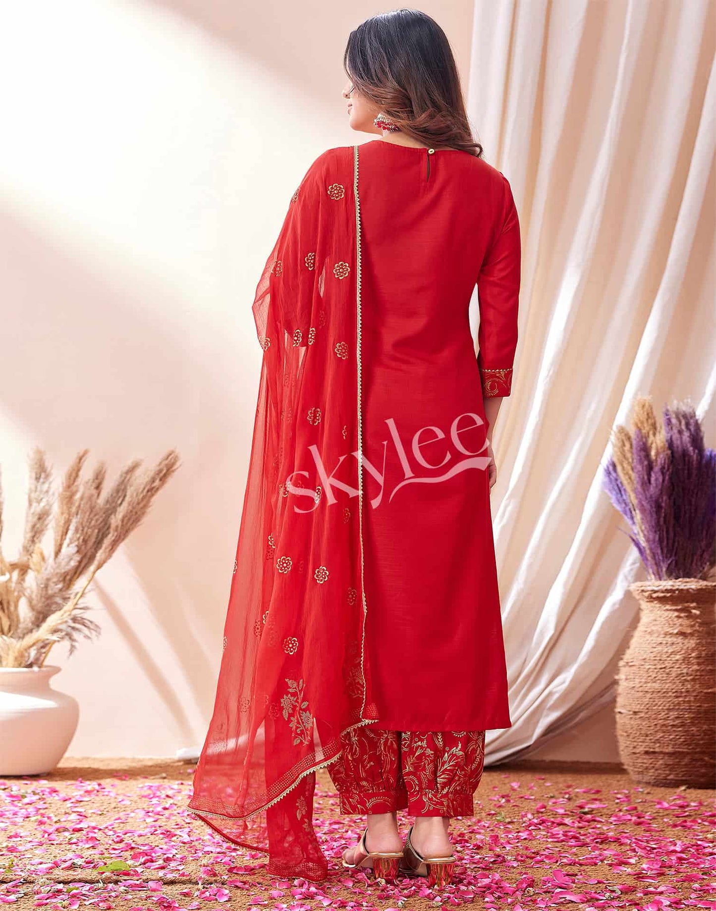 Cotton Blend Embroidered Straight Kurta with Pant & Dupatta