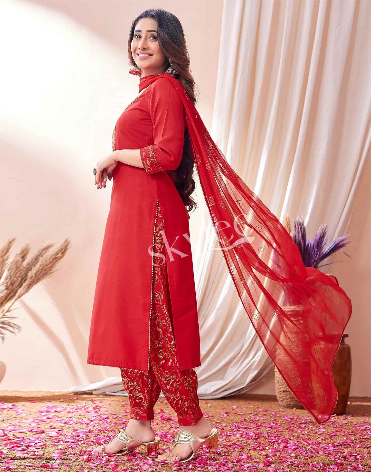 Cotton Blend Embroidered Straight Kurta with Pant & Dupatta