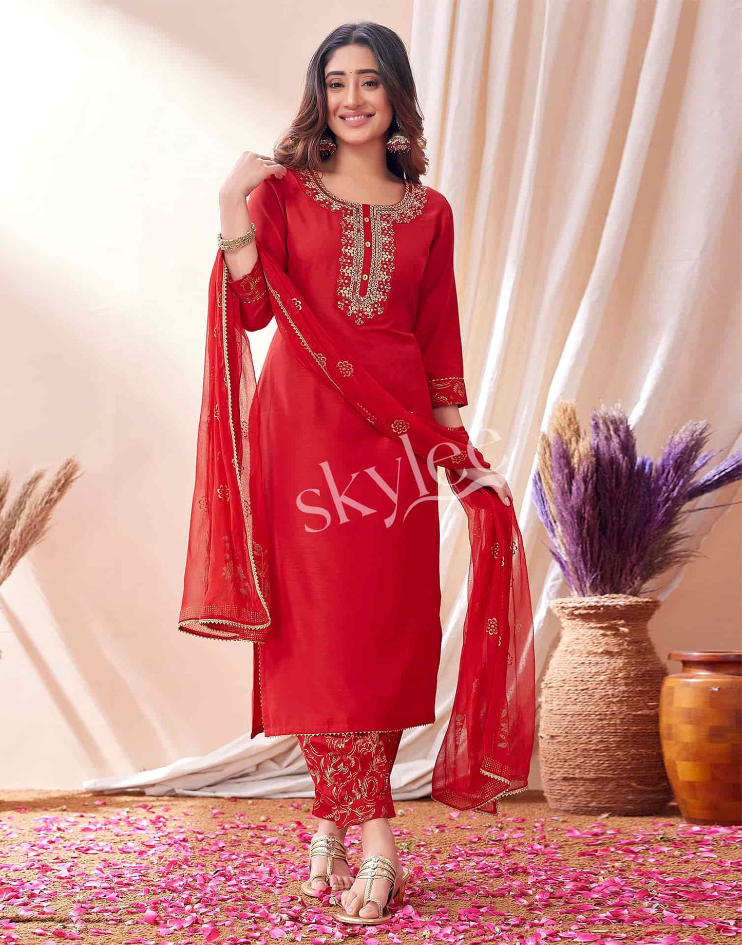 Cotton Blend Embroidered Straight Kurta with Pant & Dupatta
