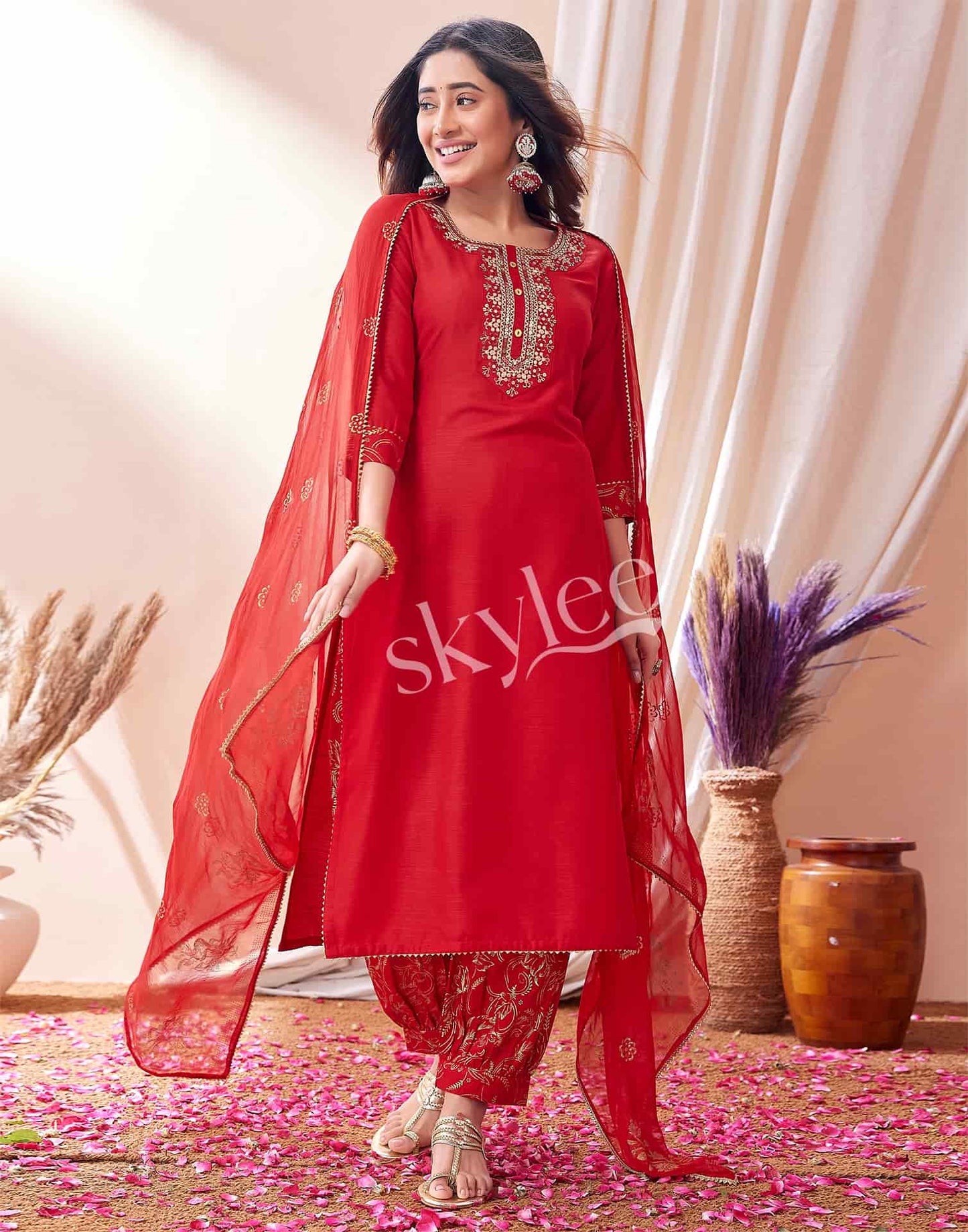 Cotton Blend Embroidered Straight Kurta with Pant & Dupatta