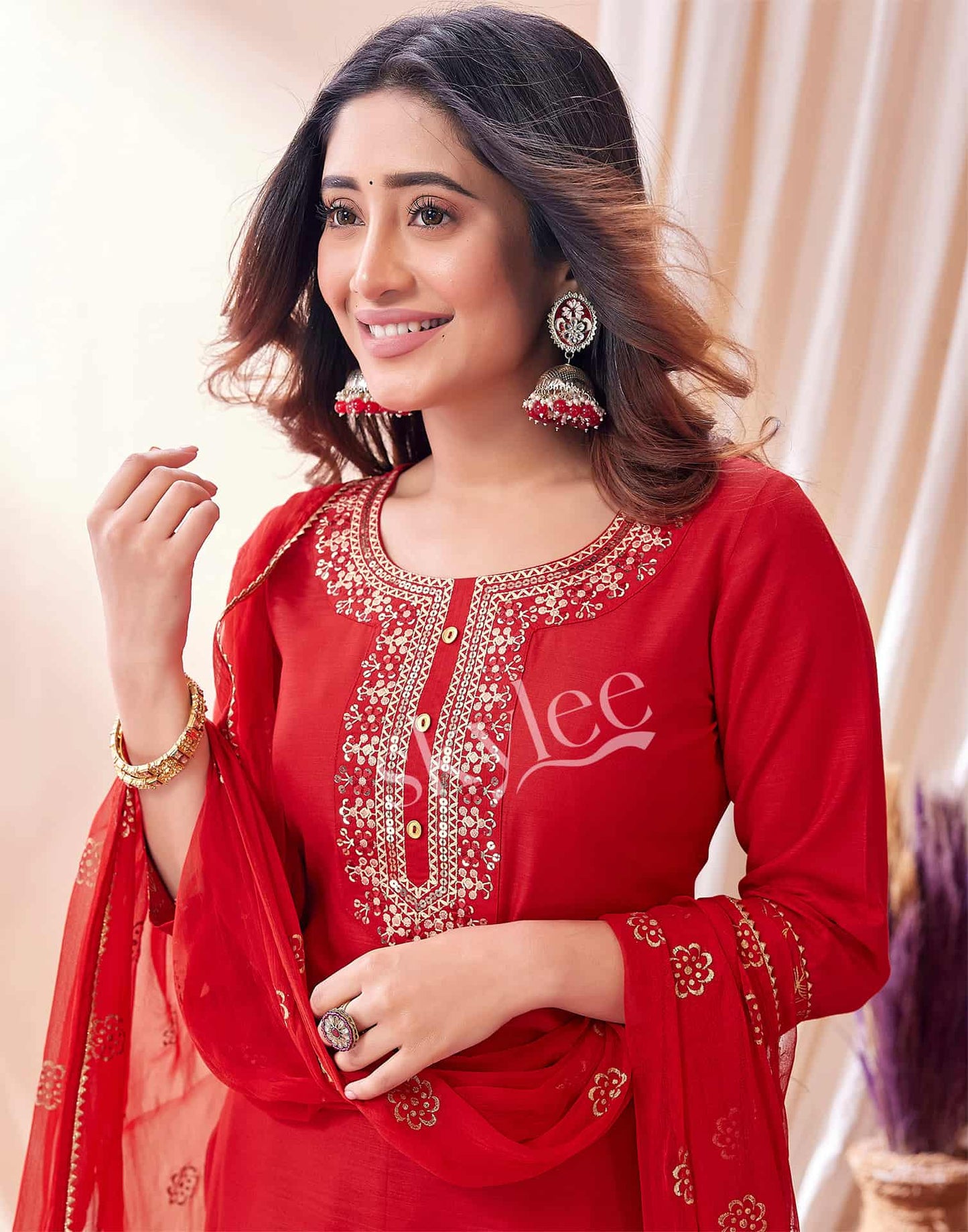 Cotton Blend Embroidered Straight Kurta with Pant & Dupatta