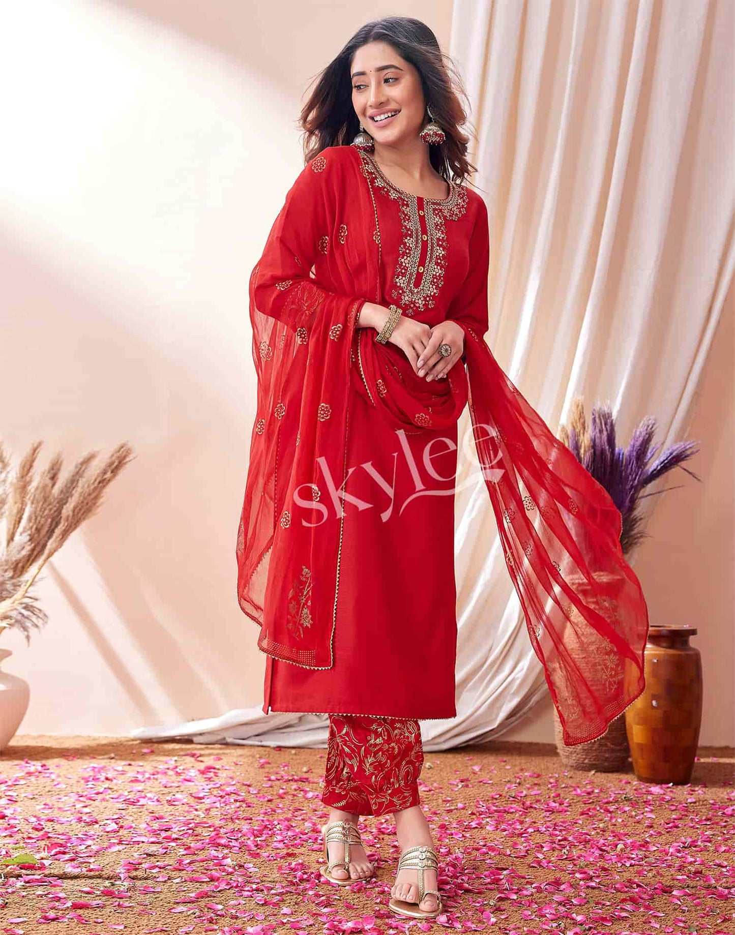 Cotton Blend Embroidered Straight Kurta with Pant & Dupatta