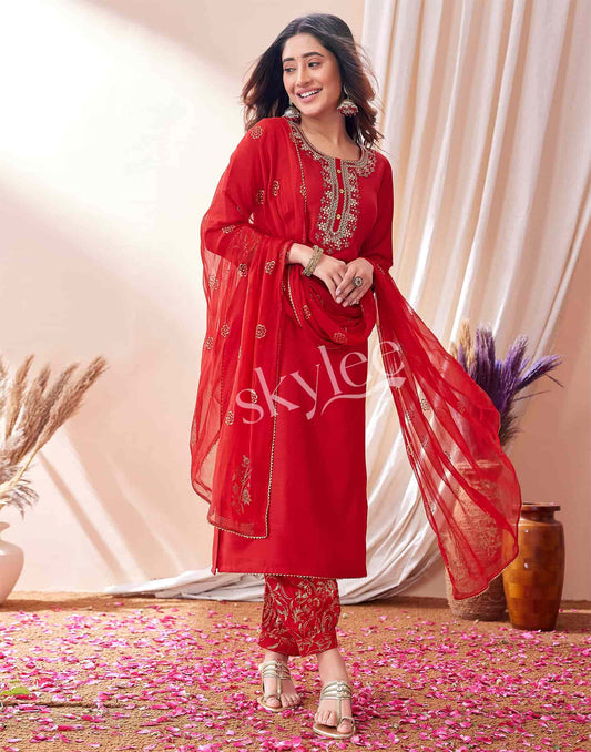 Cotton Blend Embroidered Straight Kurta with Pant & Dupatta